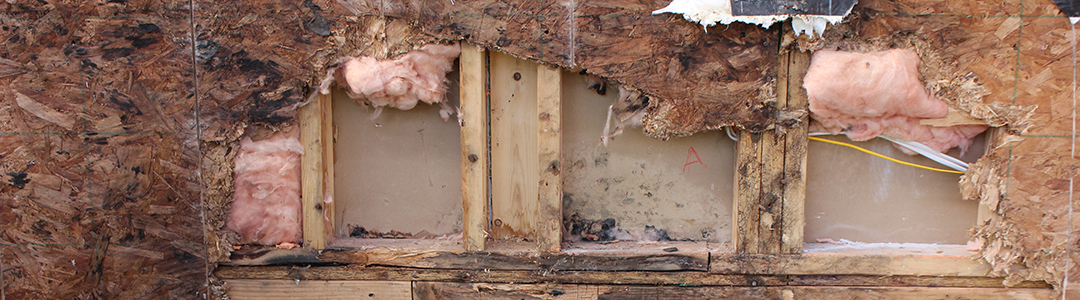 Rotting oriented strand board on exterior wall